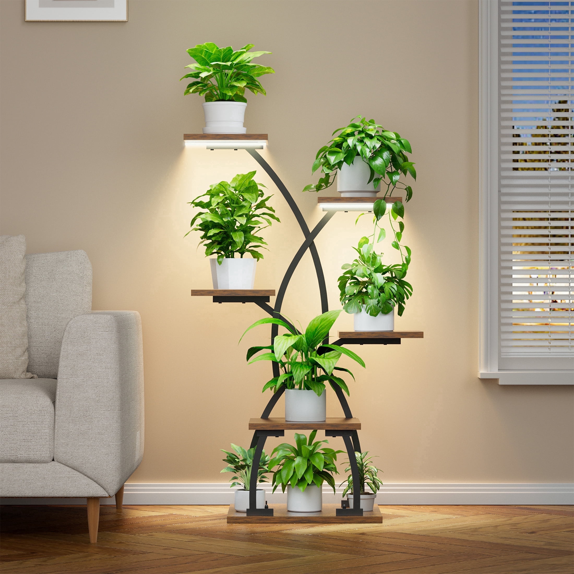 Plant Stand with Grow Lights, 6 Tier Corner Plant Shelf, 49" Corner Plant Stands for Indoors, Tree-Shaped Metal Rack Flower Display Holder for Patio Garden Living Room or Balcony