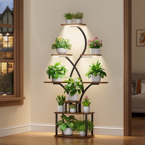 BECOKOME 62" Tall Plant Stand Indoor with Grow Lights, 8 Tiered Lighted Corner Tree-Shaped Plant Shelf Rack 10 Brightness 3/9/12H Timer for Living Room Patio Decor