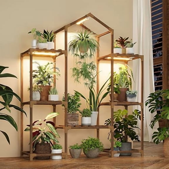 Plant Stand Indoor with Grow Lights Wood Plant Shelf for Hanging Planter Pots Display Flower Stand for Living Room Patio Garden Decor