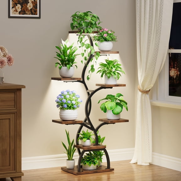 Indoor Plant Stand with Grow Lights, 8 Tier Corner Plant Shelf for Multiple Plants, BECOKOME 49'' Lighted Metal Plant Rack Flower Holder for Balcony