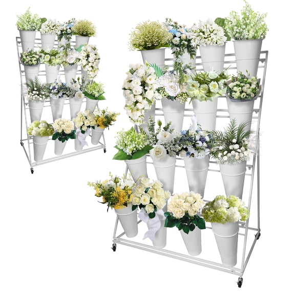 Plant Stand with Lockable Wheels, 39x26x59 Inch Frame, White Flower Bar Stand, 4-Tier Flower Holder, Metal Construction, Hotel Lobby, Nursery, Terrace​
