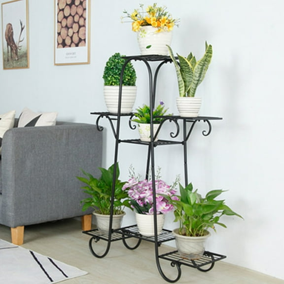 Plant Stand Metal Flower Pot Holder Black Rack Garden Patio Shelf Indoor/Outdoor Contemporary Square Shape Garden Display Rack Black 7 Tier Stylish Design Durable Plant Stand Flower Pot Display