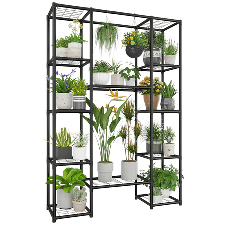 Plant Stand Metal Outdoor Indoor Tall Large Plant Shelf Hanging Plant Stand Waterproof Black Plant Rack Flower Holder for Living Room Patio Balcony Garden