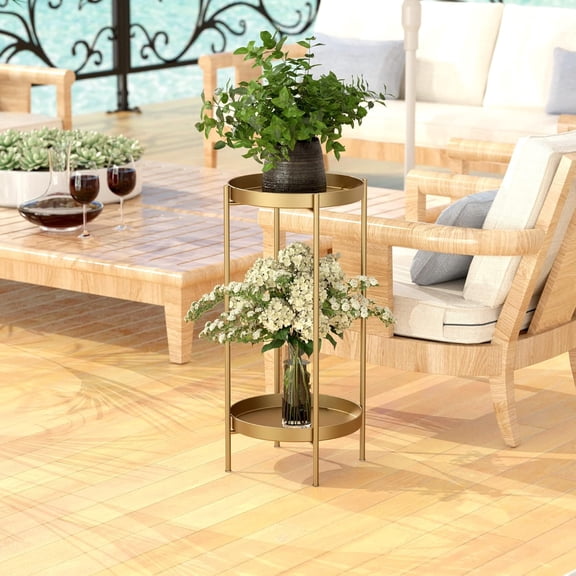 Plant Stand - Metal Plant Rack Organizer, 2 Tiers Tall Display Storage Shelf For Home Garden Patio Bathroom Office Living Room Balcony Corner (gold)