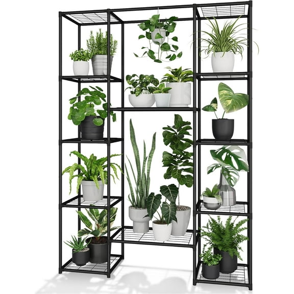 Plant Stand Outdoor Tall Plant Shelf Indoor Metal Large Hanging Plant Cabinet Waterproof Plant Rack Flower Holder for Living Room Patio Balcony Garden Black