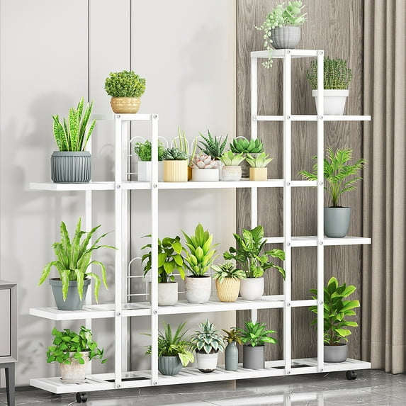 Plant Stand With Wheels, Metal Tiered Plant Stand Flower Display Stand Indoor Plant Shelf Flower Pot Holder Rack for Living Room Patio Garden Home Decor