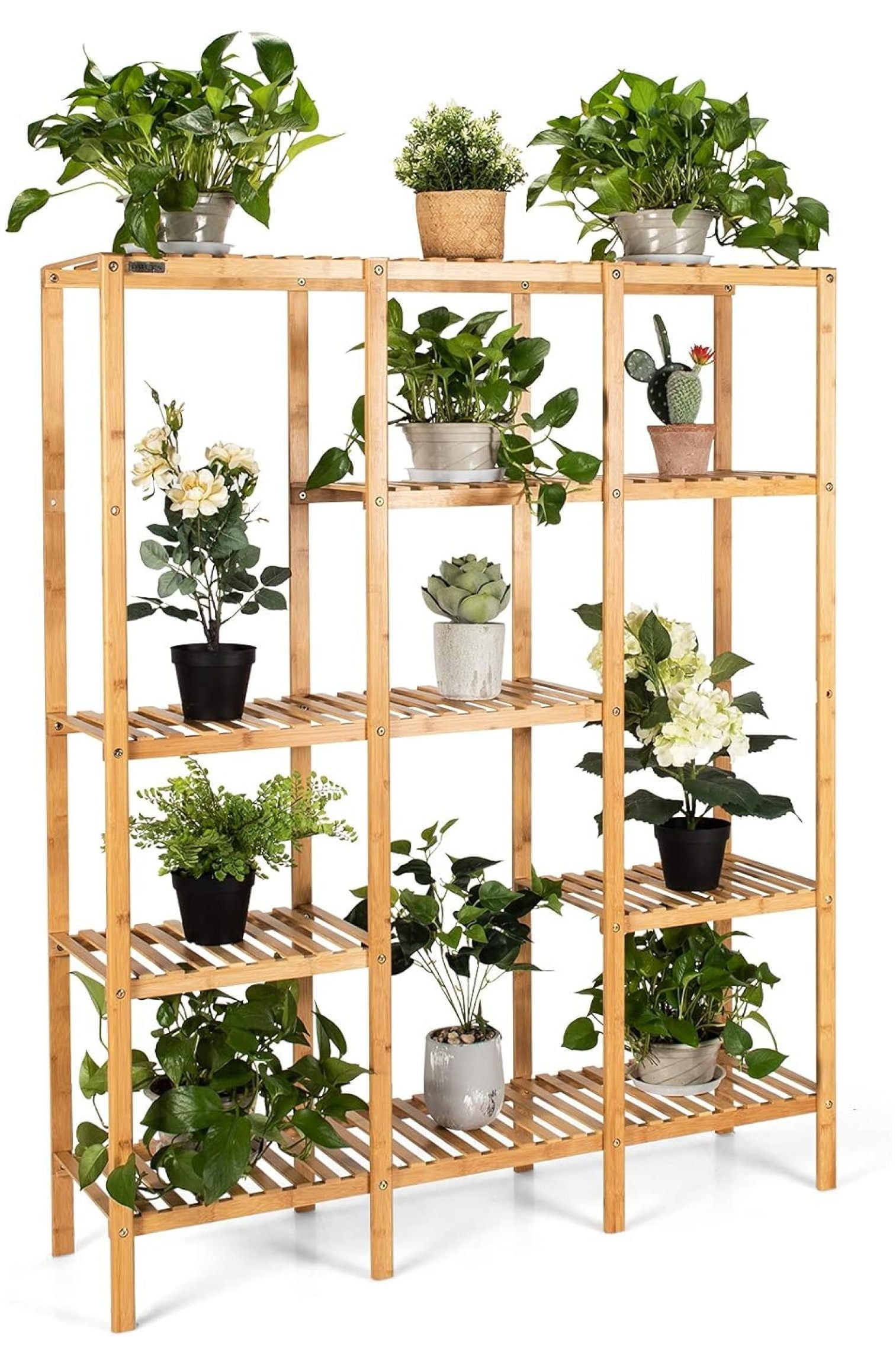 Plant Stand indoor, Bamboo Utility Shelf with Storage Organizer Pots