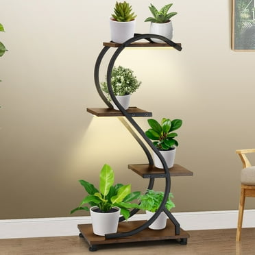 Plant Stand with Grow Light 4 Tier 31'' Metal Wood Plant Flower Shelf Indoor Four Adjustable Feet