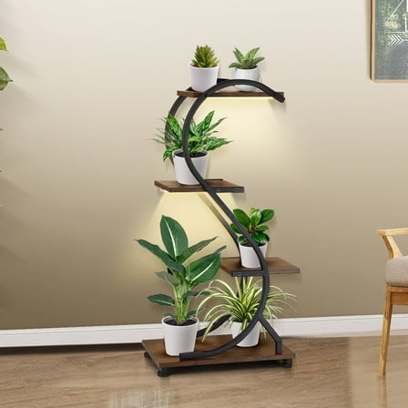 Plant Stand with Grow Light 4 Tier 31'' Metal Wood Plant Flower Shelf Indoor Four Adjustable Feet