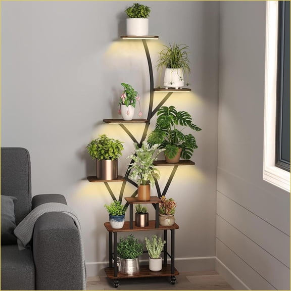 Plant Stand with Grow Light, 8 Tier 64 Tall Large Metal Indoor/Outdoor Shelf | MDF+Metal | Walnut+Black