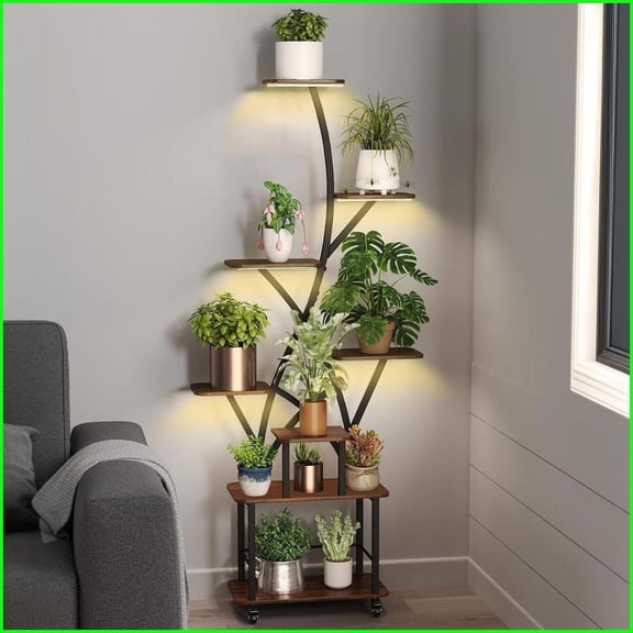 Plant Stand with Grow Light, 8 Tier 64'' Tall Large Metal Shelf | Walnut+Black | MDF+Metal