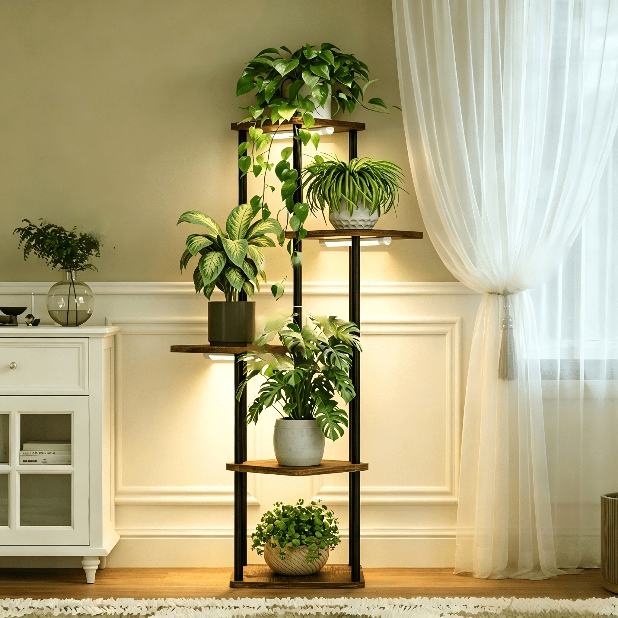 Curtilage Plant Stand, 5 Tier Metal Plant Shelf  with Grow Light, Indoor Flower Display Stand for Living Room Patio Home Decor Brown