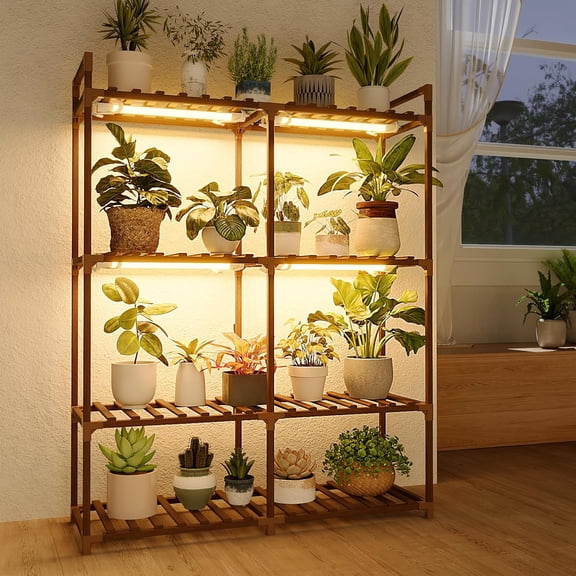 Plant Stand with Grow Lights for Indoor Plants Wood Plant Shelf 4 Tier Large Flower Stand for Mutiple Plant Holder Rack for Patio Living Room Balcony