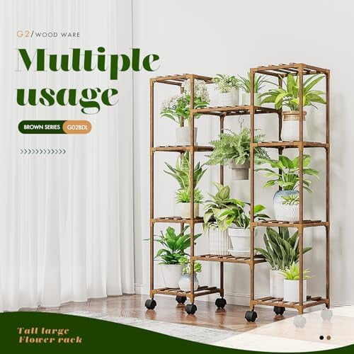 Plant Stand with Wheels Outdoor Indoor Hanging Plant Shelf for Multiple Plants Tall Large Holder for Living Room Patio Balcony Garden Corner Mobile