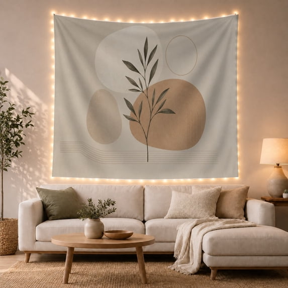 Plant Stem Against Overlapping Circles Serene Boho for Plant Lovers Botanical Wall Art Housewarming Gift Tapestry Wall Hanging for Bedroom and Living Room