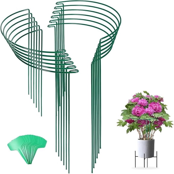 Plant Supports Stakes 12 PCS, Half Round Metal Garden Stakes Plant Support For Peony Cages and Supports,Green Plant Support Ring Border for Outdoor Indoor Plants, Hydrangea (10" W x 15.8" H, 12 PCS)