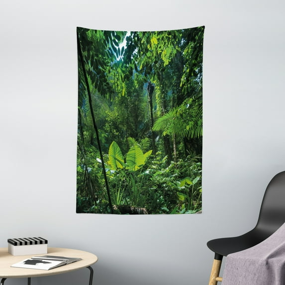Plant Tapestry, Green Jungle Untouched Nature Environmental Concerns Flora Fauna Jungle Rainforest, Wall Hanging for Bedroom Living Room Dorm Decor, 40W X 60L Inches, Forest Green, by Ambesonne
