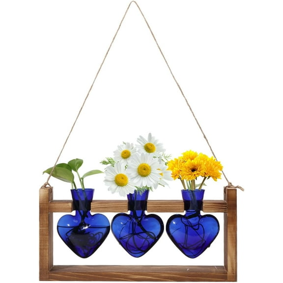 Plant Terrarium Propagation Stations with 3Pcs Heart Shaped Vases Wooden Stand Plant Terrarium Propagation Stations Mother's Day for Family Home Garden Office Desktop Brown