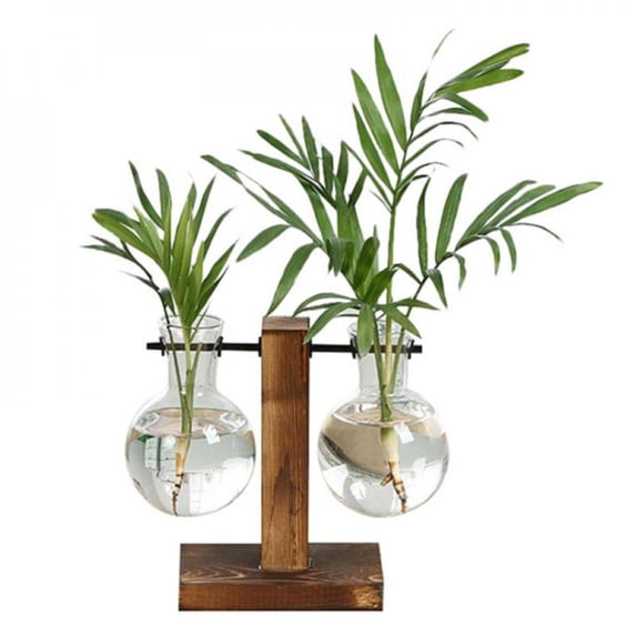 Plant Terrarium with Wooden Stand, Wall Hanging Glass Planter Tabletop Propagation Station Bulb Vase Metal Swivel Holder Retro Rack with 2 Bud Bottle for Hydroponics Plants Home Office Decor