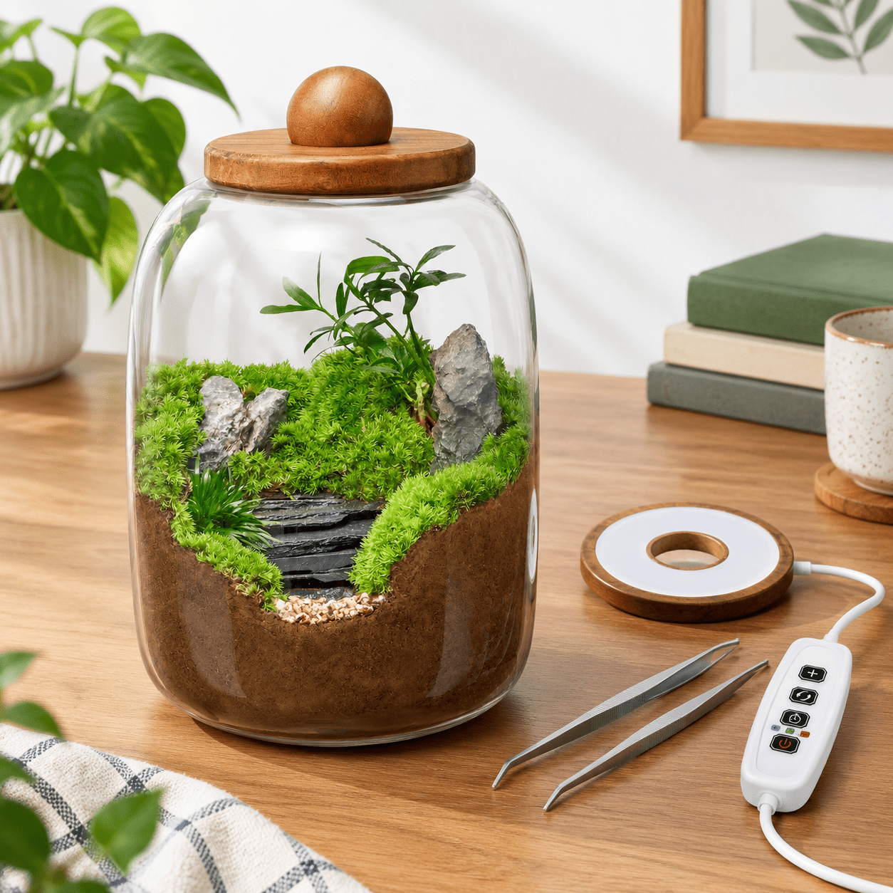 Kitchen Terrarium Plant Terrarium with Grow Light, H-8.6IN, Glass Desktop Growing ...