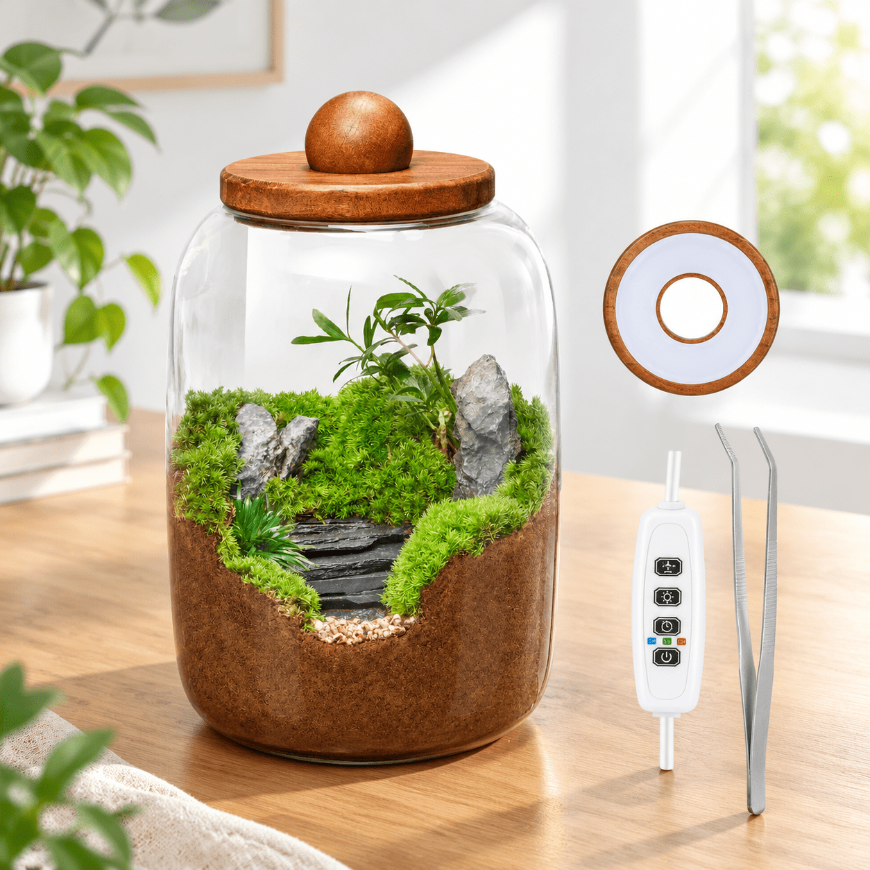 Kitchen Terrarium Plant Terrarium with Grow Light, H-8.6IN, Glass Desktop Mini Garden Kit ...