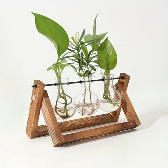 Plant Terrariums with Retro Wood Stand & Glass Bulbs - Hydroponic Propagation Station, Boho Indoor Garden Decor for Home Office Desktop, Unique Gift Idea