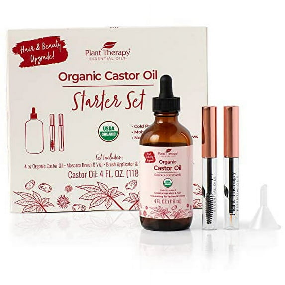 Plant Therapy Castor Oil Starter Set USDA Organic Cold Pressed 100% Pure Hexane Free, Conditioning & Healing, For Dry Skin, Hair Growth - Skin, Hair Care, Eyelashes