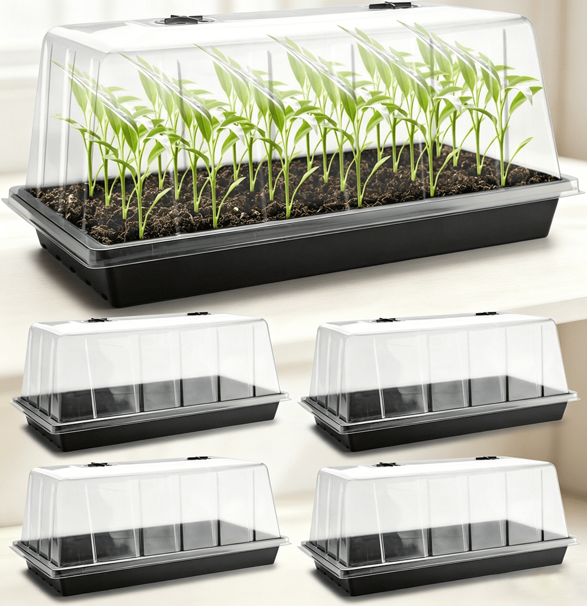Plant Tray with Tall Dome, 5-Pack Extra Large Seed Starter Tray with Humidity Domes, Heavy Duty Trays and Flats with Lid, Seed Germination Mini Greenhouse for Balcony Garden