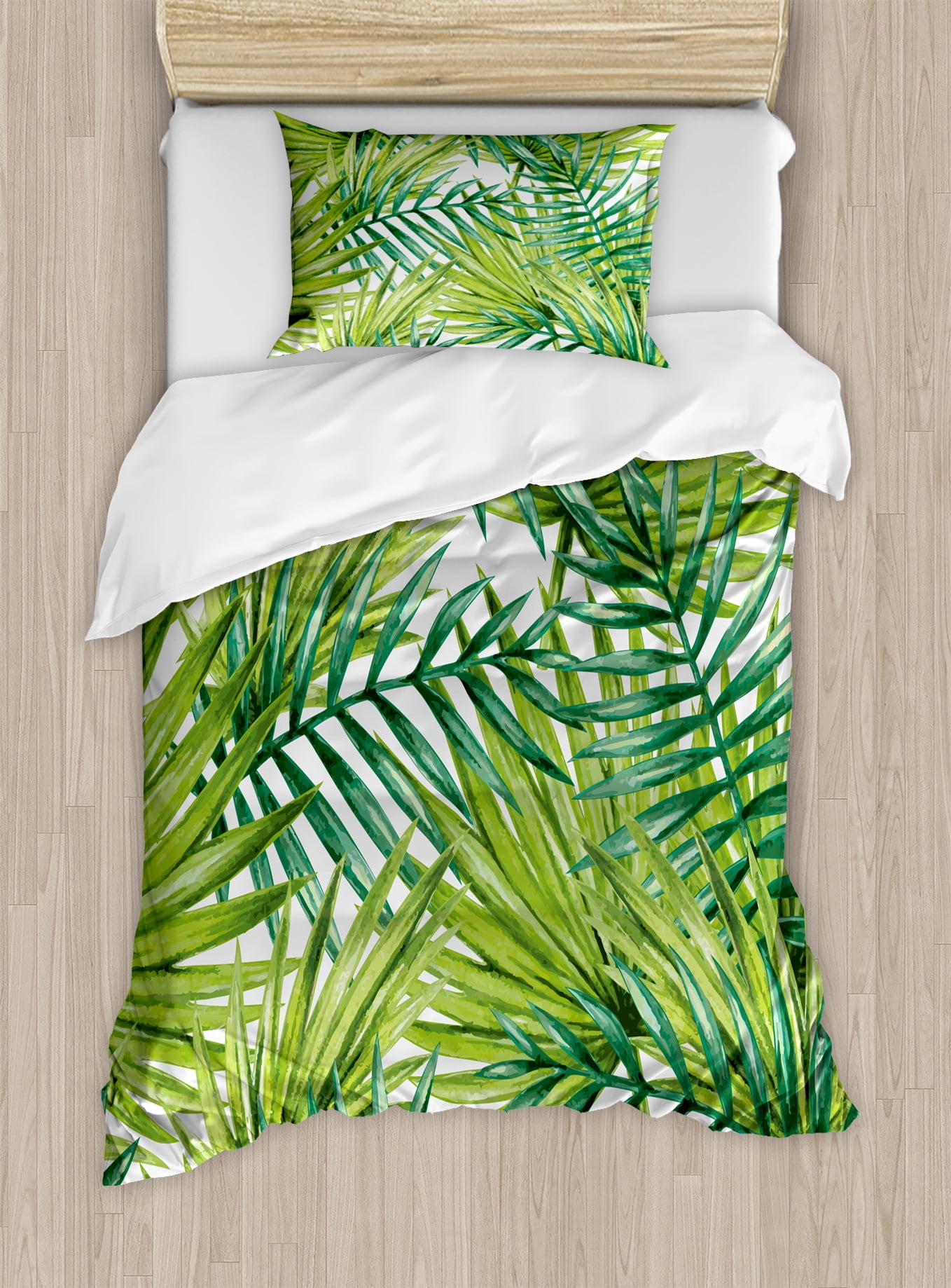 Plant Twin Size Duvet Cover Set, Watercolor Tropical Palm Leaves ...