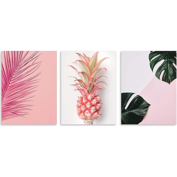 Plant Wall Art with Pink Pineapple at Pink Background Tropical Wall Decor Green Plant Art 12" x 16" x 3 Pieces Canvas Pictures Prints Artwork Ready to Hang for Home Decoration Wall Decor