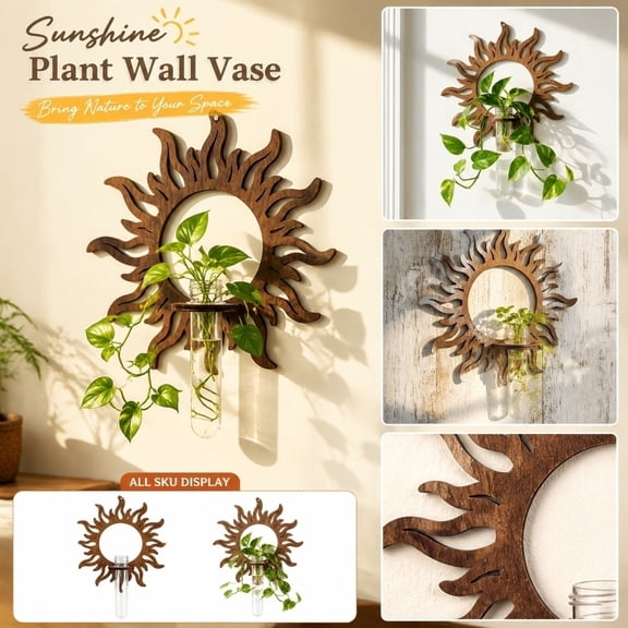 Plant Wall Shelf, Sun-Shaped Wooden Hanging Planter, Hydroponic Wall Mount Shelf for Indoor Plant Decor
