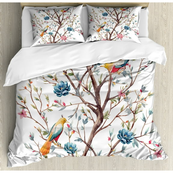 Plant Watercolor Duvet Cover Set, Pattern of Forest Tree with Birds Humming and Flowers Blooming, Decorative 3 Piece Bedding Set with 2 Pillow Shams, Queen Size, Warm Taupe Multicolor, by Ambesonne