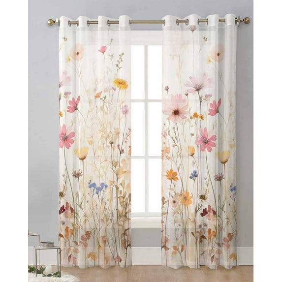 Plant Watercolor Flowers Sheer Curtains For Living Room Window Transparent Voile Tulle Cortinas Drapes Home r