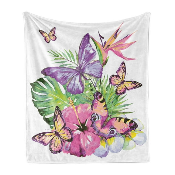 Plant Watercolor Soft Flannel Fleece Throw Blanket, Colorful Spring Time Arrangement of Tropical Flowers and Butterflies, Cozy Plush for Indoor and Outdoor Use, 70" x 90", Multicolor, by Ambesonne