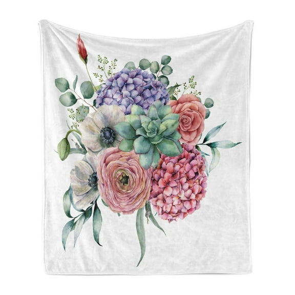 Plant Watercolor Soft Flannel Fleece Throw Blanket, Scenery of Hydrangea Bouquet Wildflowers Feminine Painting, Cozy Plush for Indoor and Outdoor Use, 60" x 80", Multicolor, by Ambesonne