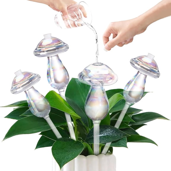 Plant Watering Globes 4 Pack, Self Planter Insert, Mushroom for Indoor & Outdoor Plants, Top-Fill Watering, Bulbs Made from Hand-Blown Durable Glass