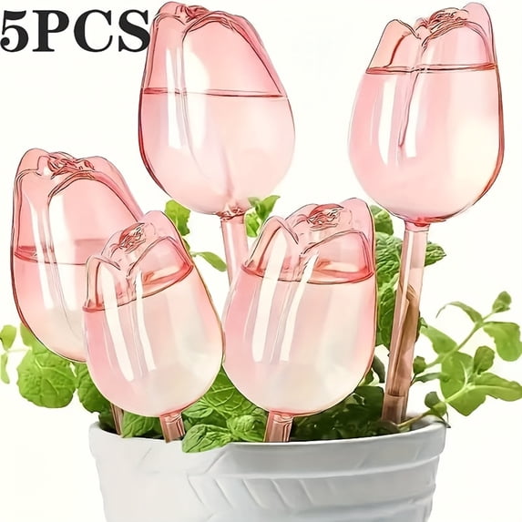 Plant Watering Globes, Watering GlobesforIndoor Plants, Self Watering, 3 Day Sustained Release, Tulip Shape, Clear Plastic, 4 Pc, Pink Gift, Housewarming, Outdoor Plant, Indoor