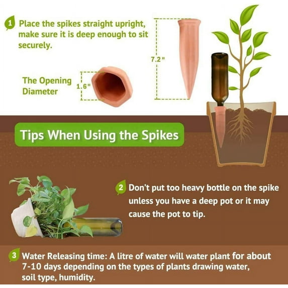 6 Pack Automatic Plant Watering Stakes, Terracotta Self-Watering Spikes for Indoor Outdoor Plants, Vacation Plant Care, Slow Release Watering for Wine Bottles