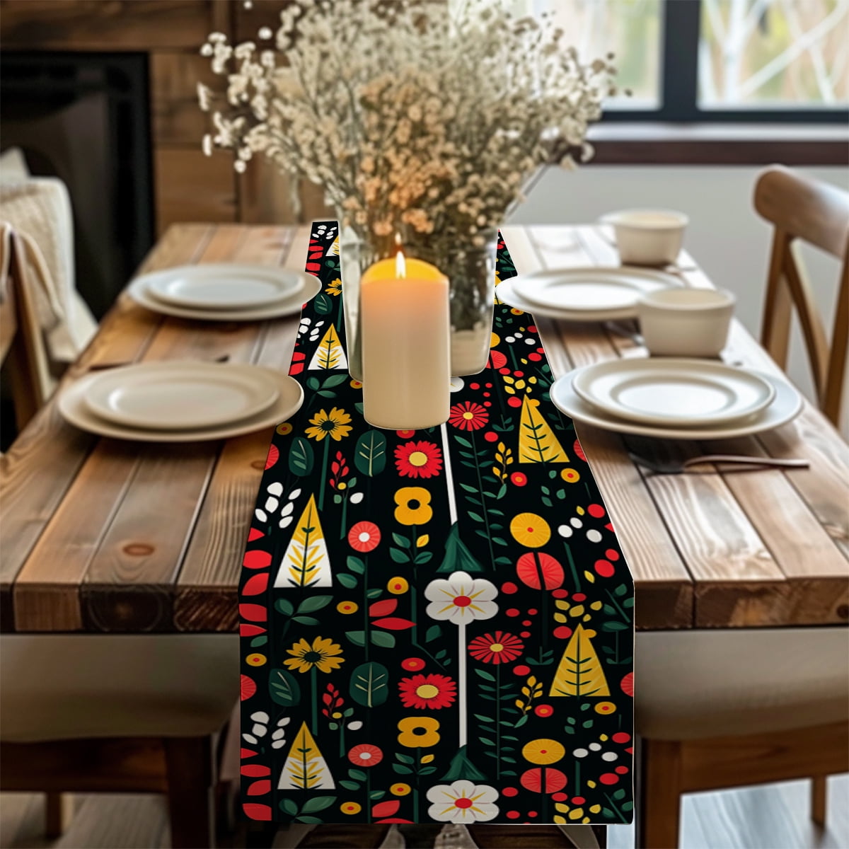 Plant and Flower Geometry Table Runner Farmhouse Dining Table Runners ...