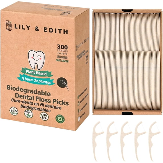 &Plant-based dental floss sticks for adults and children, 300 pieces, fluoride-free, plant-based straw, friend of the earth, zero waste packaging, tear-resistant (odorless)