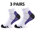 thumbnail image 1 of Plantar Fasciitis Socks 3 PAIR Heel Pain Foot Pain Relief Arch Support Running Gym Compression Foot Socks & Low Cut Foot Sleeves FREE Eyeglass Pouch by Juniper's Secret (White/Purple, L/XL), 1 of 3
