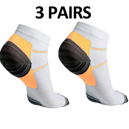 Plantar Fasciitis Socks 3 PAIR Heel Pain Foot Pain Relief Arch Support Running Gym Compression Foot Socks & Low Cut Foot Sleeves FREE Eyeglass Pouch by Juniper's Secret (White/Yellow, S/M)