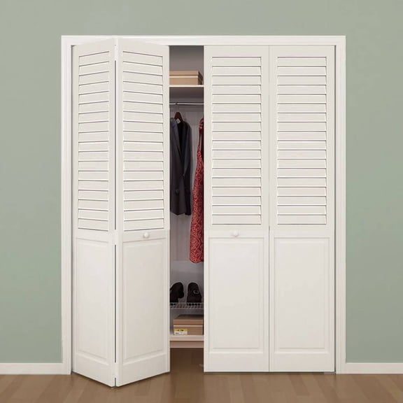 Kimberly Bay Plantation Louver-Panel Solid Core White Wood Bi-fold Door