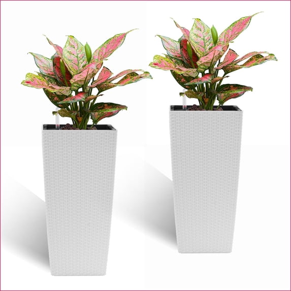 Planter, 22 Inch 2-Pack Automatic Watering Faux Rattan Planter for Indoor Outdoor | off-white | Shape:Square
