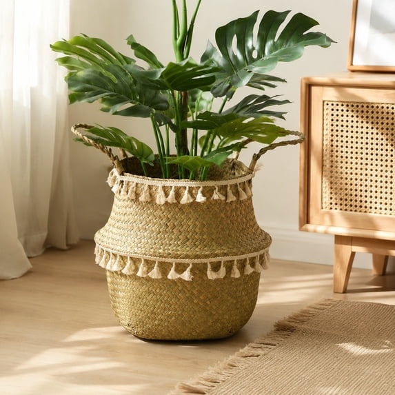 Planter Basket, 5 Sizes Handwoven Seagrass Pot Cover with Tassels, Boho Decorative Wicker Holder for Indoor Plants, Monstera, Leaf Fig, Storage Organizer