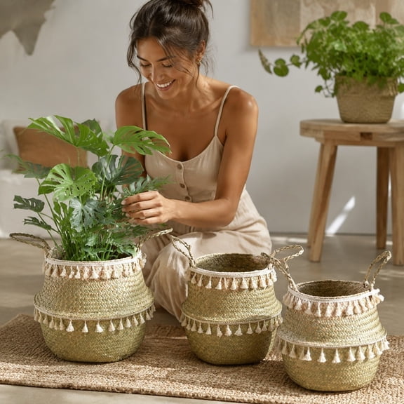 Planter Basket, 5 Sizes Handwoven Seagrass Pot Cover with Tassels, Boho Decorative Wicker Holder for Indoor Plants, Monstera, Leaf Fig, Storage Organizer
