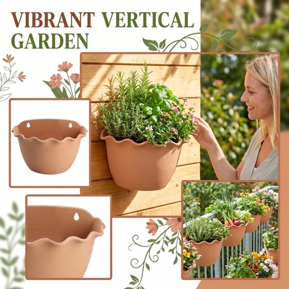 Planter Box Flower Pot Window Box Planter with Wave Edge Design, Small Plastic Vegetable Trough for Live Plants, Light Brown Garden Decor for Spring Decorations and Outdoor Garden, A