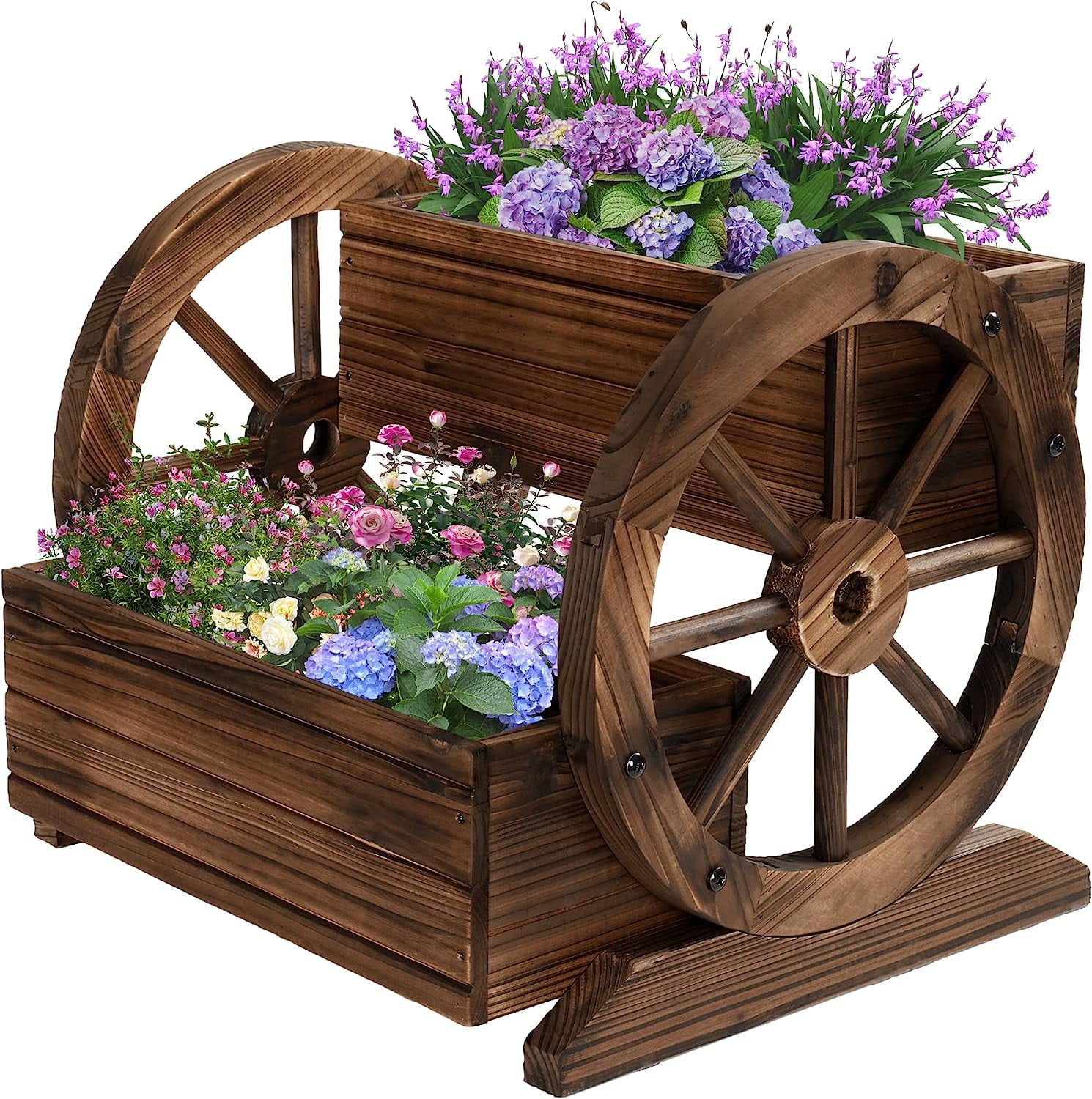 Rustic Brown Wooden Wagon Planter Box with Wheels for Indoor/Outdoor Use