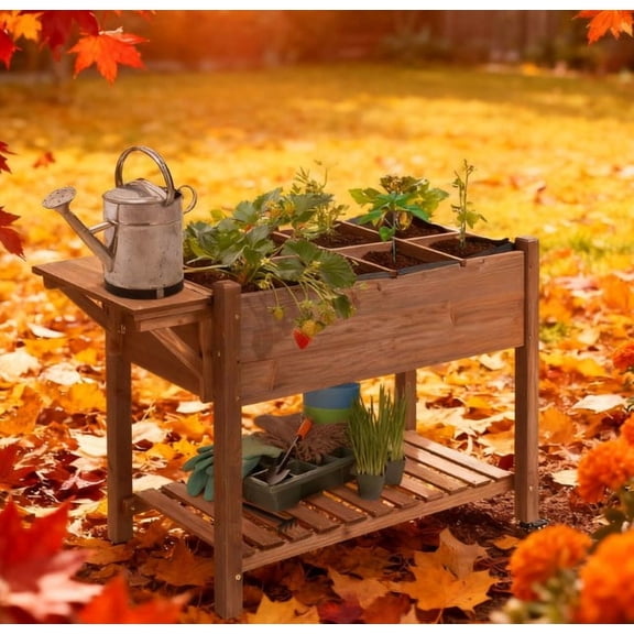 Planter Box, Wooden Garden Box with 8 Pockets and Lockable Wheels, Foldable Side Clapboard, Elevated and Self-Draining