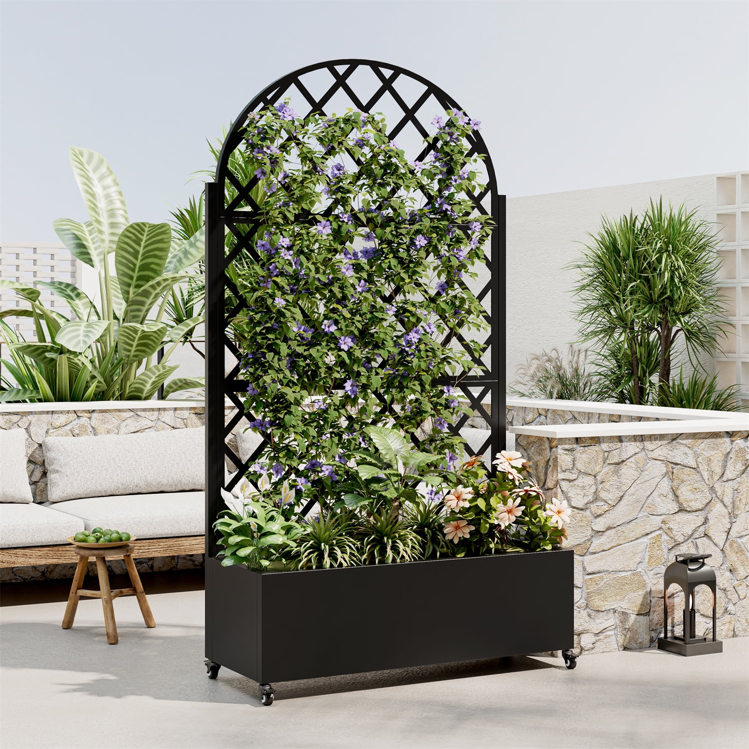 Planter Box with Trellis, Raised Garden Bed with 4 Wheels Trellis & Privacy Screen for Climbing Plants, Vegetables, Vines
